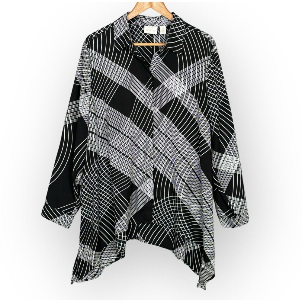 Chicos Sheer Oversized Geometric Print Tunic Top Womens XL‎ Monochrome Lagenlook
